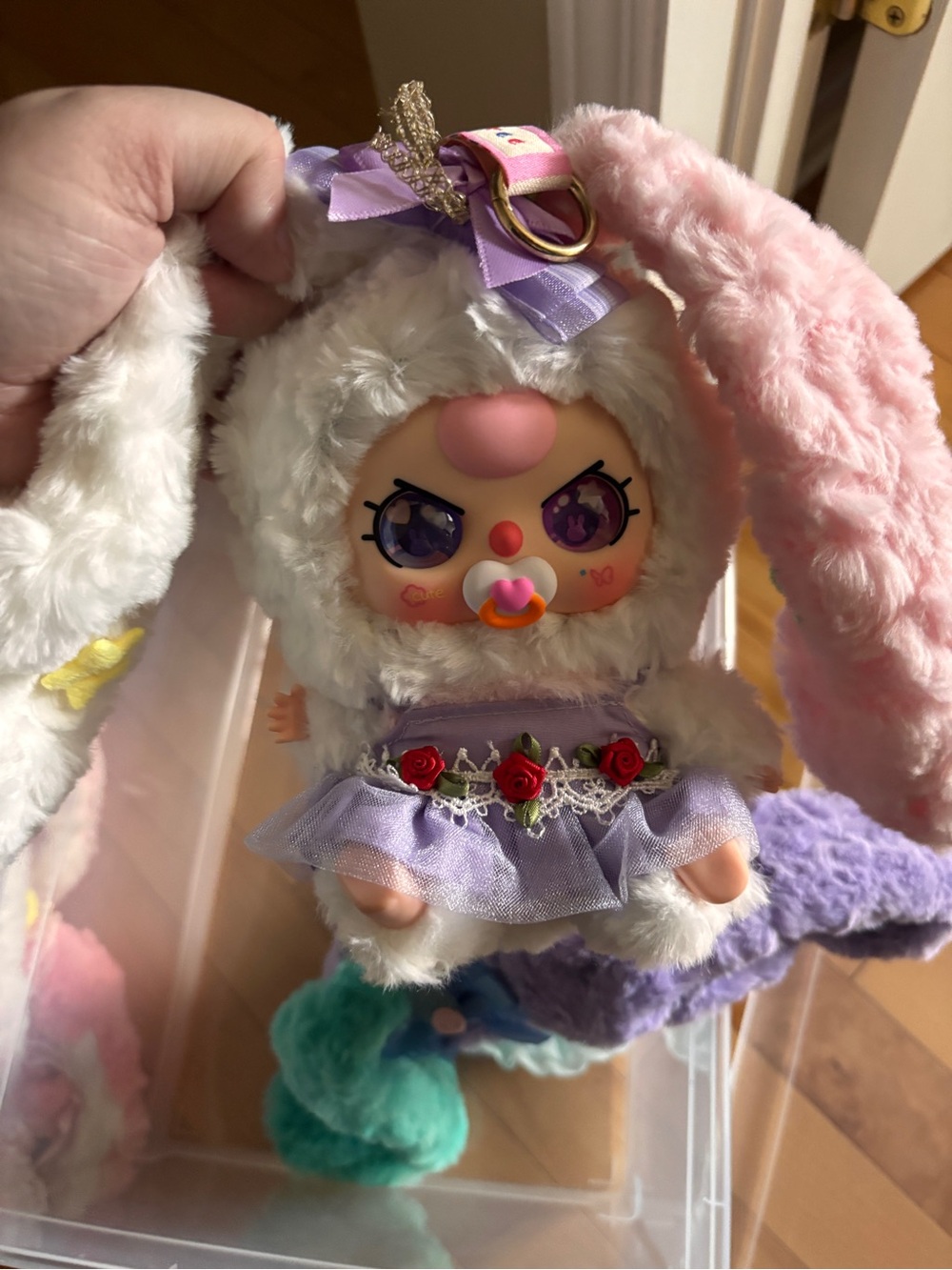 Plush Bunny Doll with Purple Dress and Pink Ear